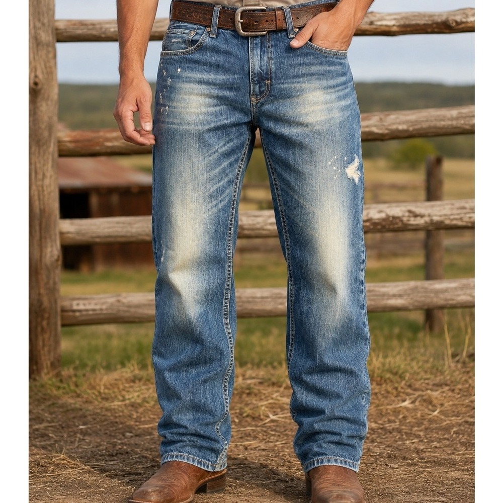 Vigoss Terrain Mens Straight Leg Distressed Studded Blue Denim Jeans Size 34